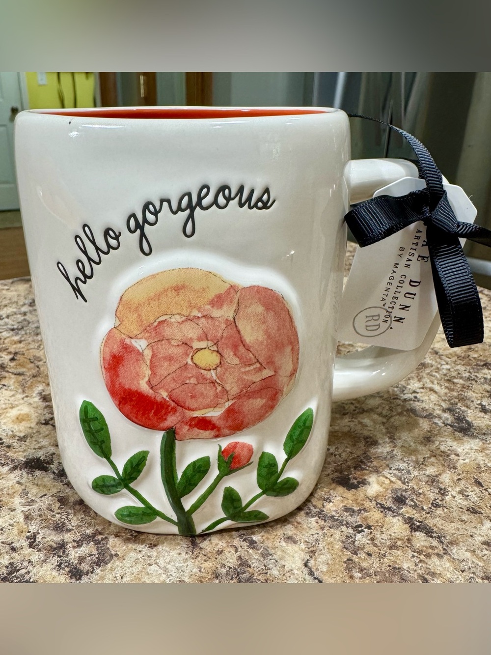 Rae Dunn Hello Gorgeous Mug with Coral Floral Accent NWT